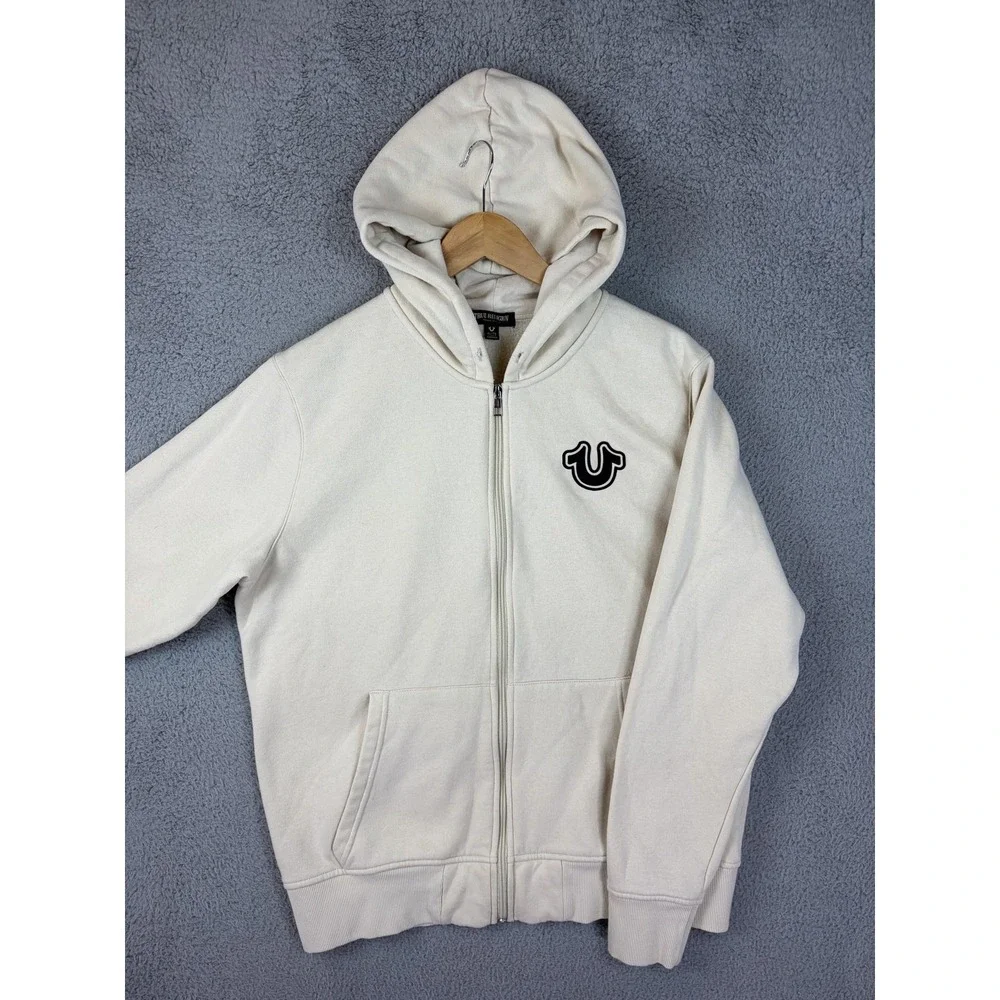 True Religion Hoodie Jacket Mens XL White Full Zip Fleece Buddha Graphic Back